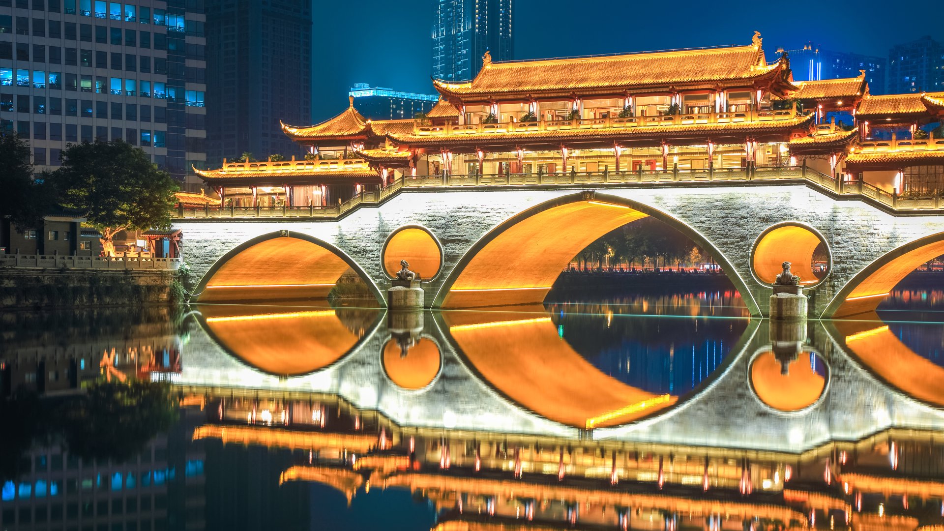 Chengdu old bridge at night ablaze with lights, Sichuan, China