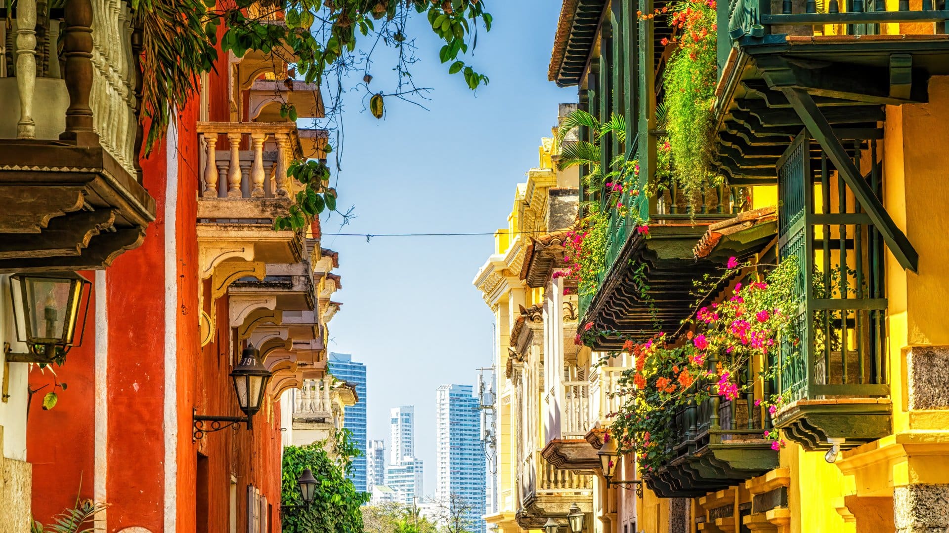 Colonial buildings and balconies in the historic center of Cartagena, Colombia
