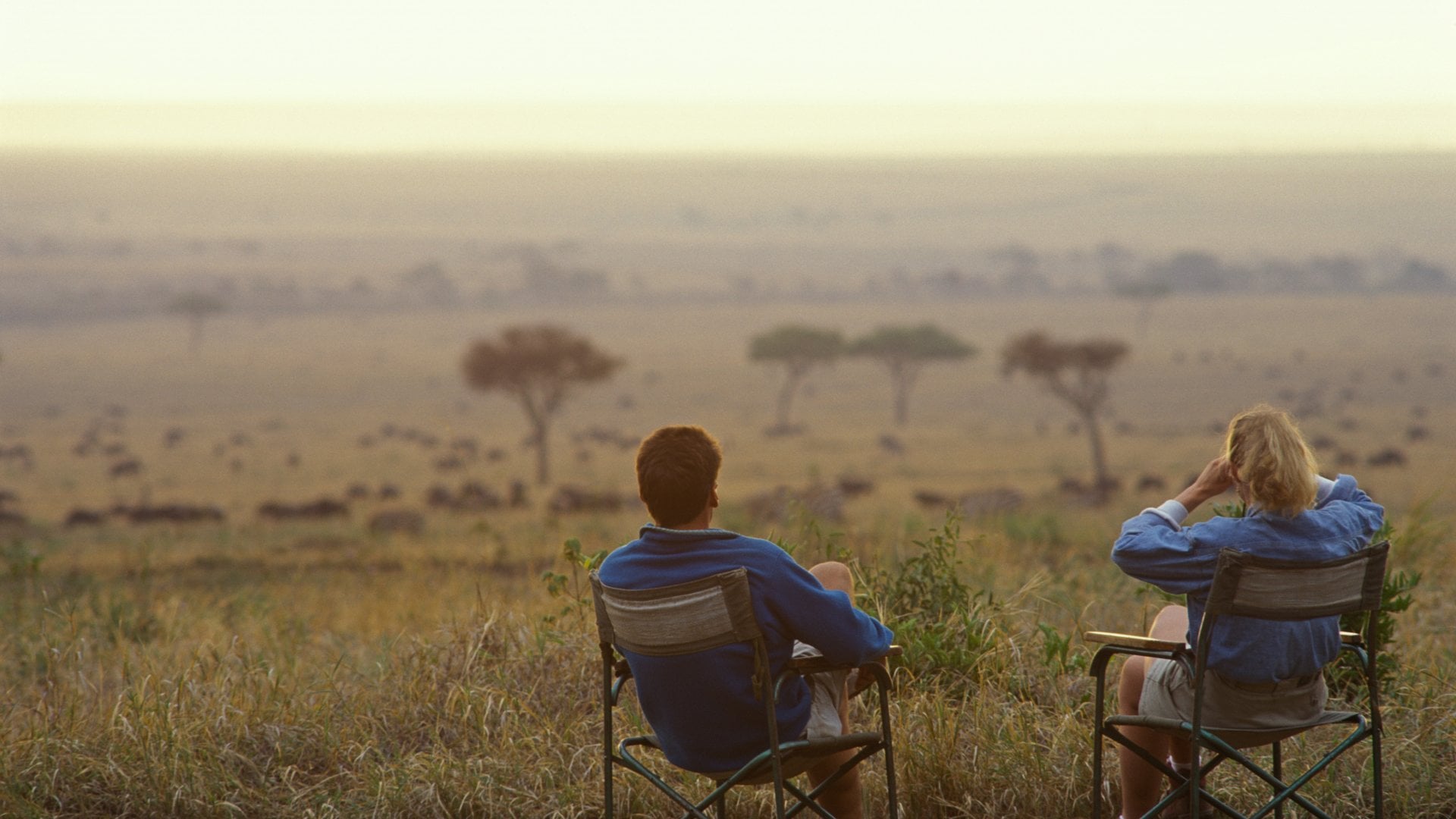  Couple relax in armchairs on the savannah