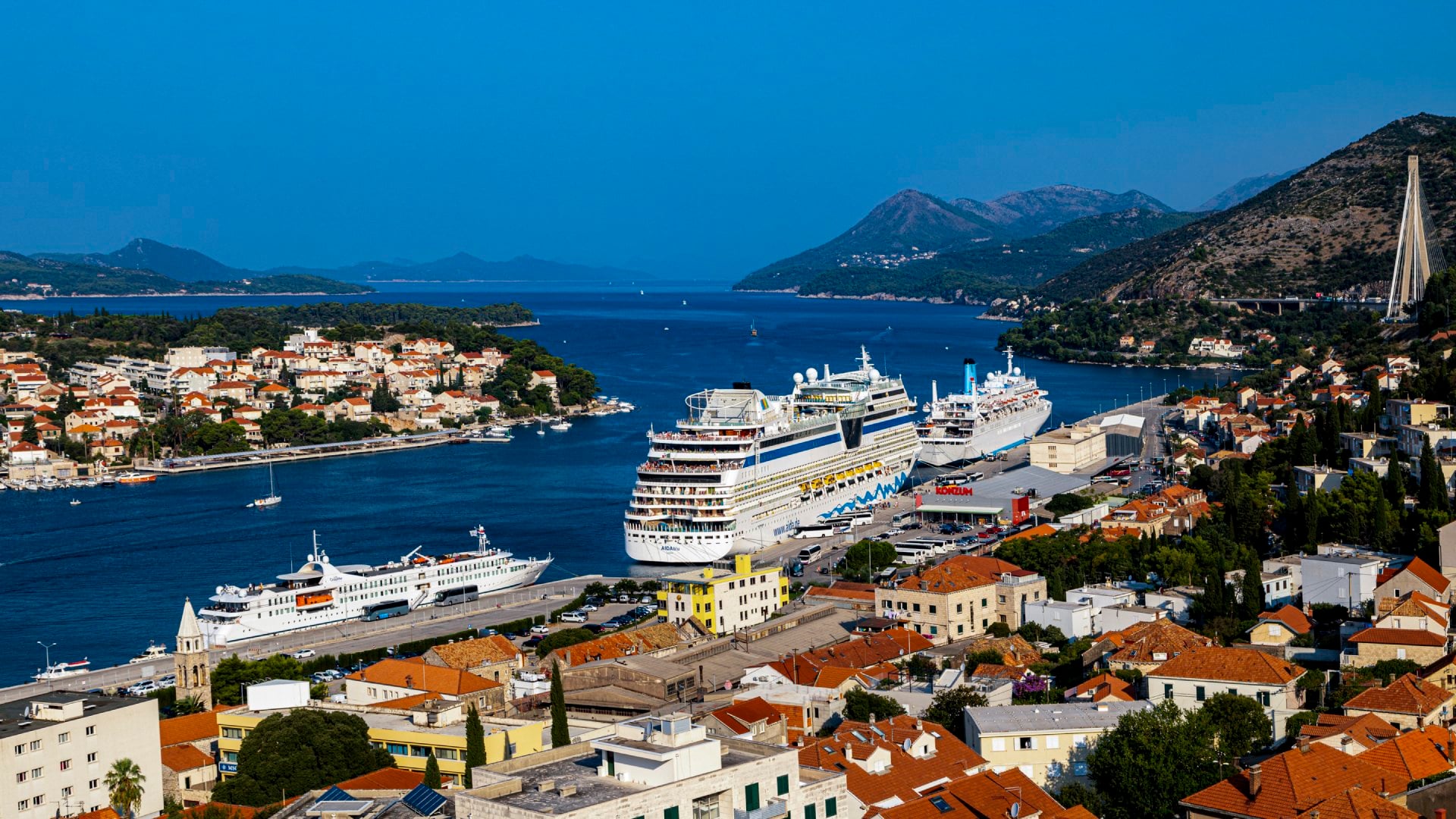 Cruise Ships with a panoramic view from the hillside of the harbour and the surrounding hills.