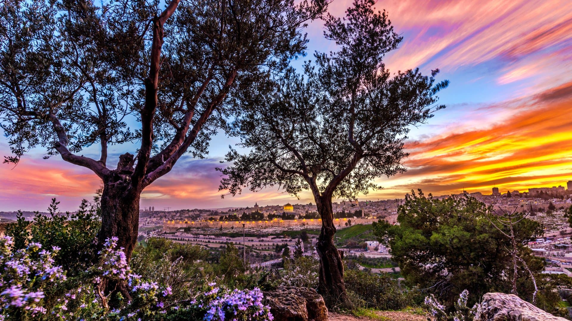 Mount of Olives, Israel Dramatic sunset over Jerusalem seen from Mount of Olives, Israel