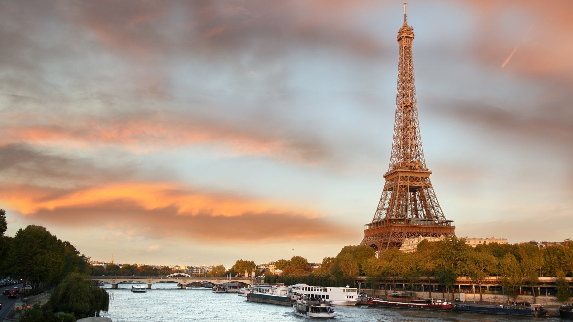 Paris, France Eiffel Tower with Boats on the River Seine in Evening Paris, France