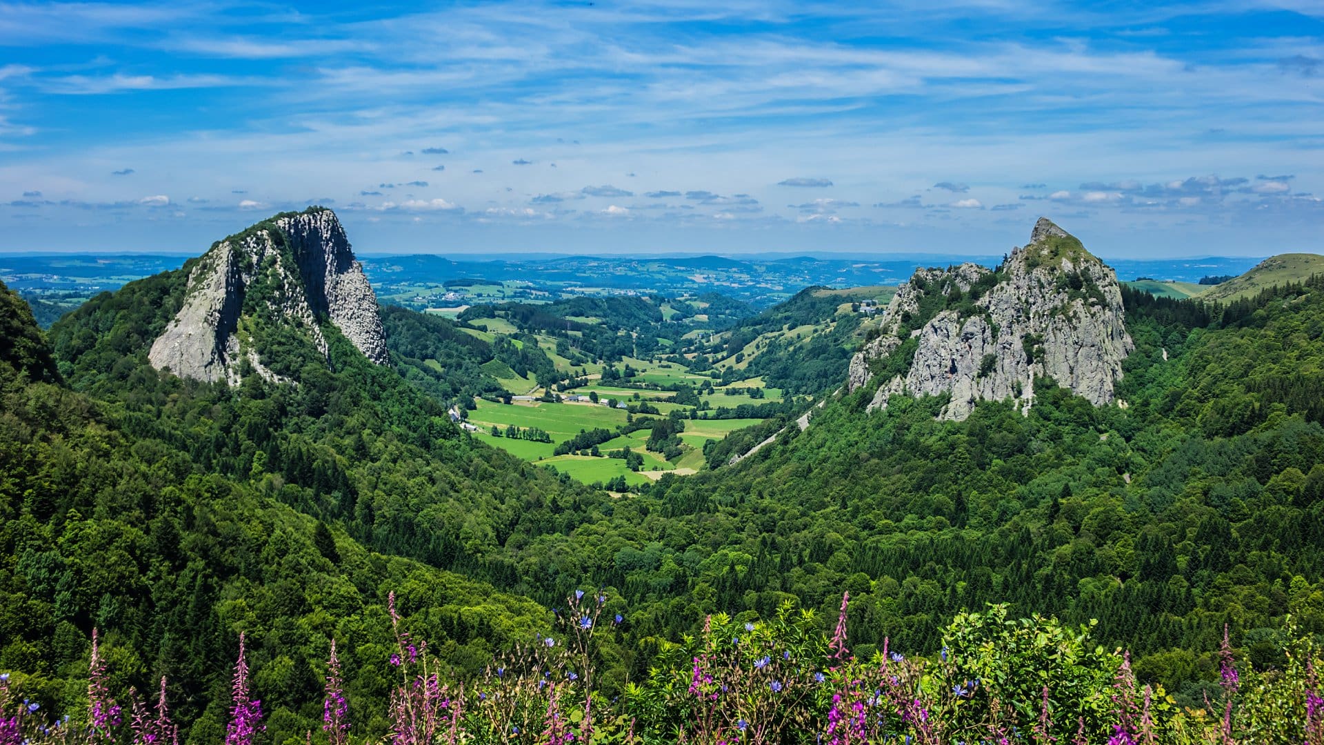 Famous Auvergne rocks, Tuiliere and Sanadoire in Volcans d'Auvergne regional natural park, Auvergne, France