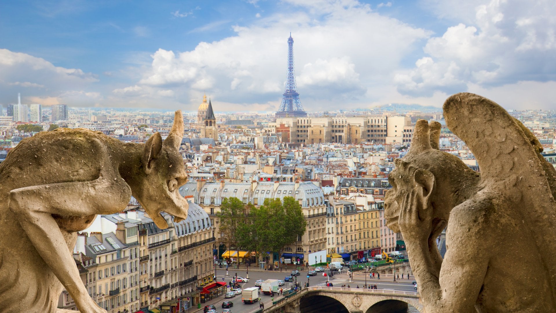 Gargoyle on Notre Dame Cathedral and city of Paris France