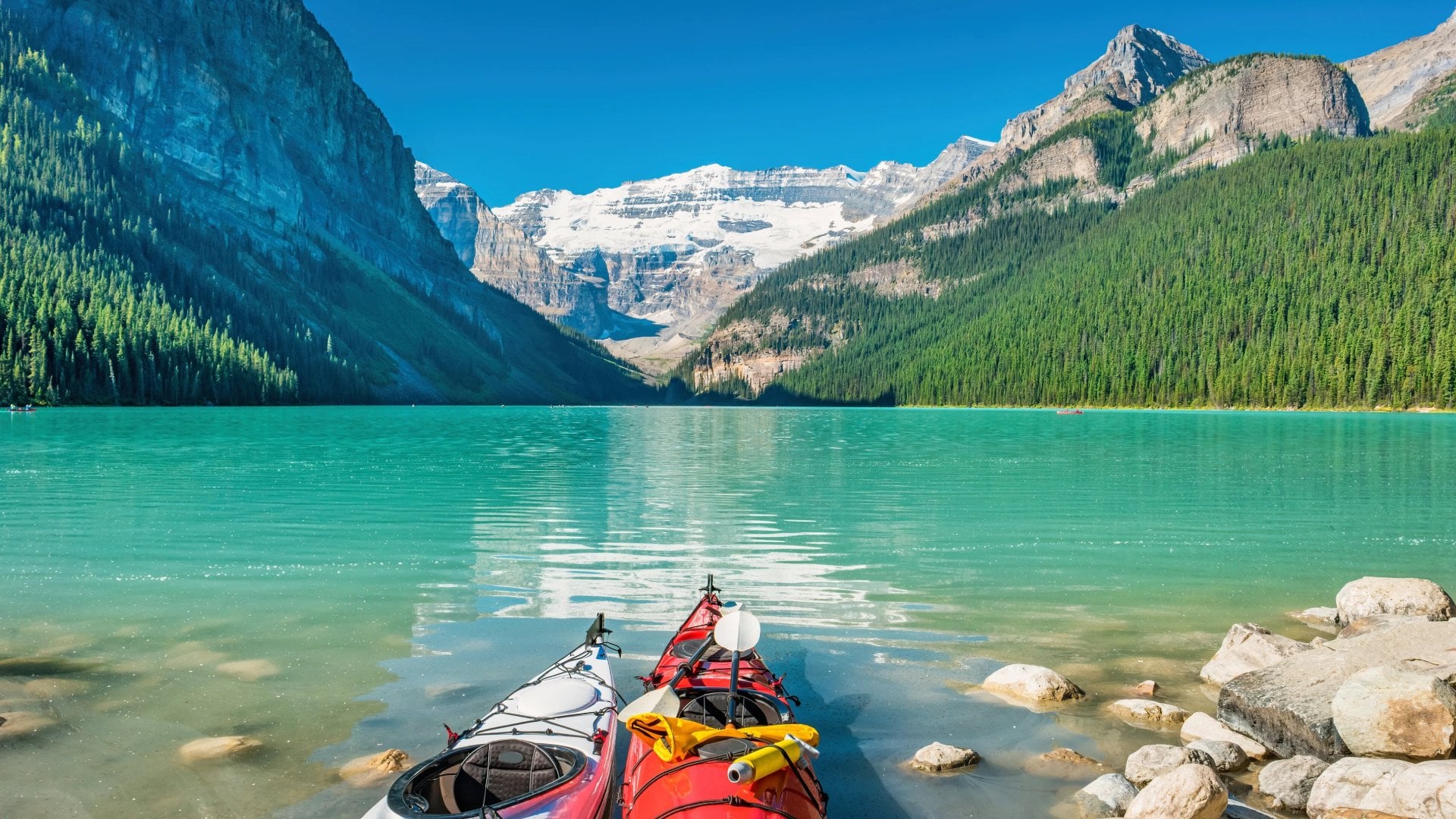 Kayaks at Lake Louise Banff National Park Alberta Canada