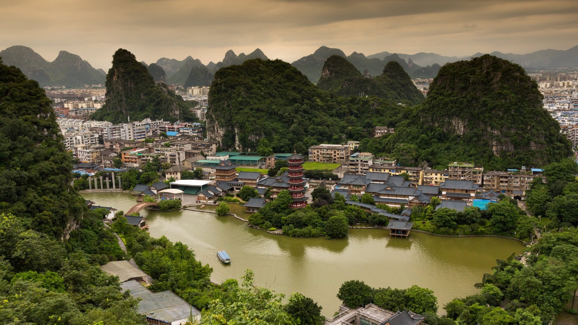 Guilin City, China Lookout over Guilin City at Sunrise in South Province, South China