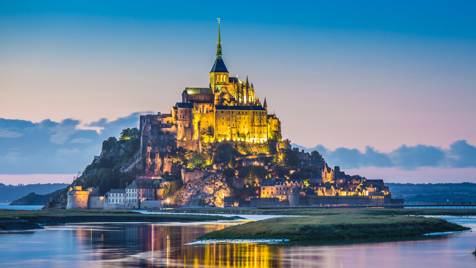 Mont Saint-Michel in twilight at dusk, Normandy, France