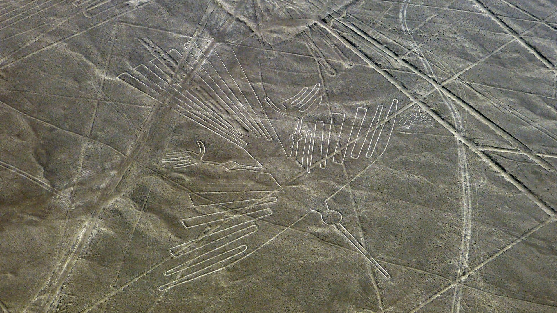 Nazca Condor Lines Geoglyphs in Nasca desert, ancient Nazca culture, aerial view