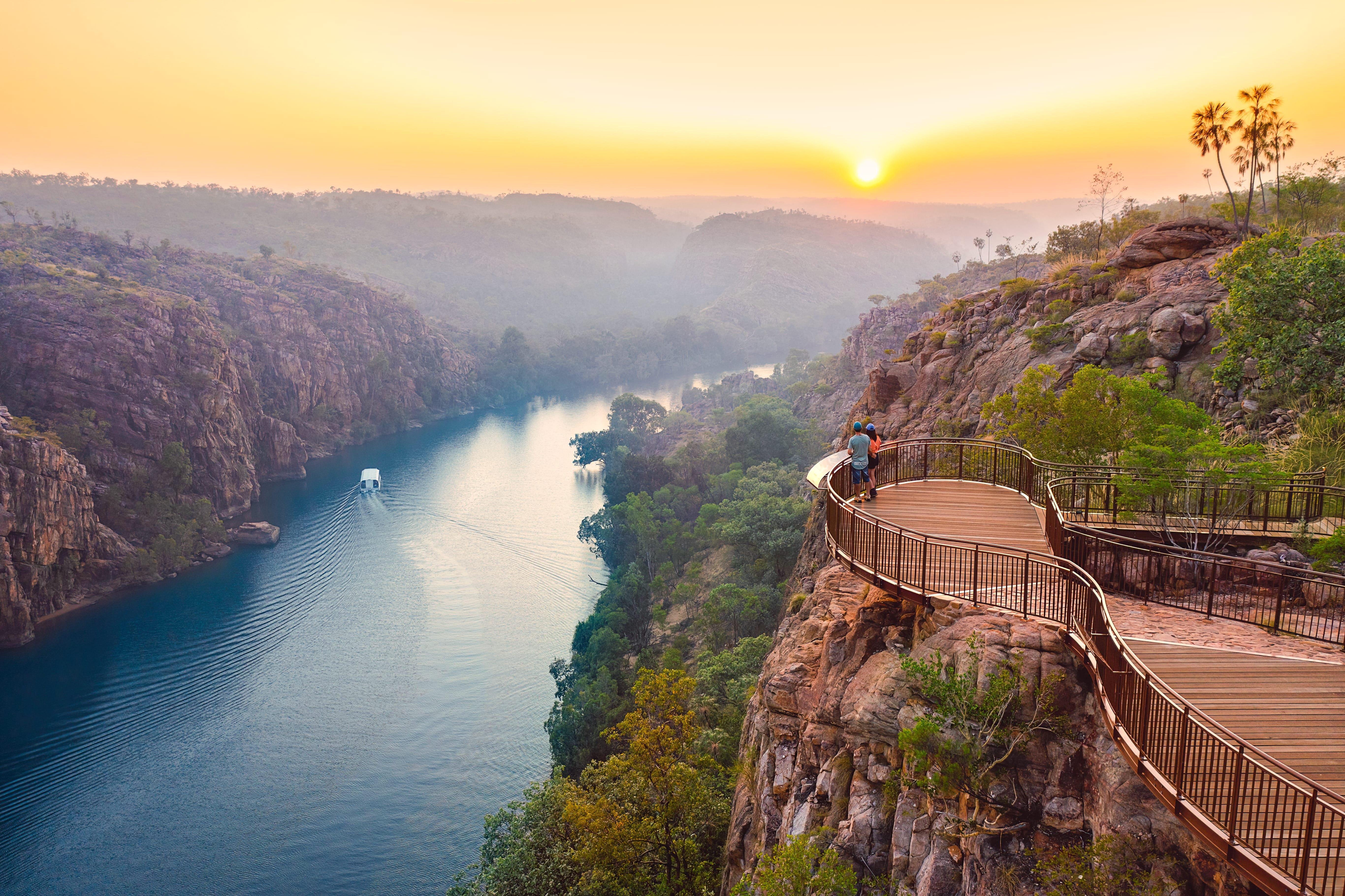 Two travellers overlooking Nitmiluk/Katherine Gorge, in Northern Territory, Australia.