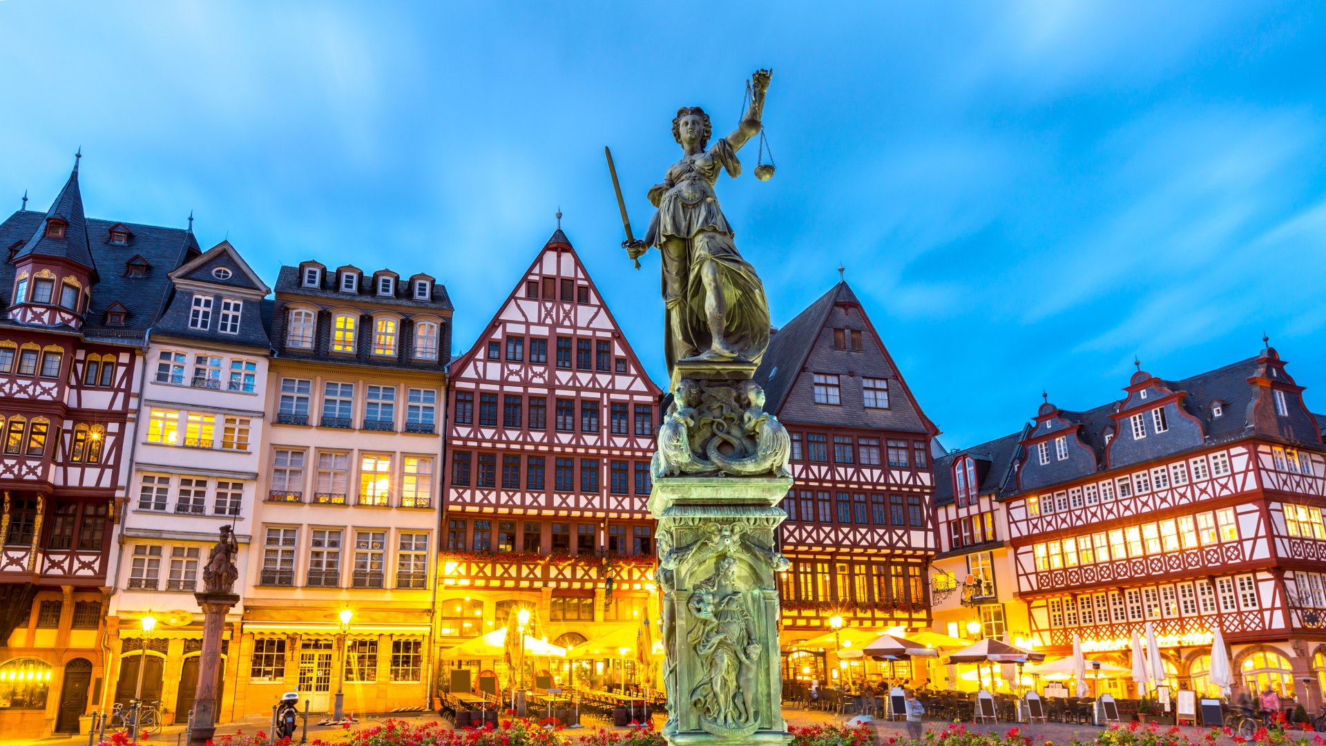 Romerberg Old Town Square with Justitia Statue, Frankfurt, Germany