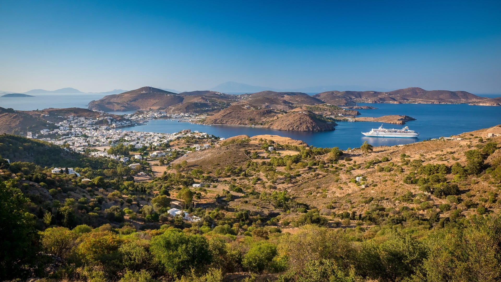 Skala, Greece Skala village and port view in Patmos island Greece