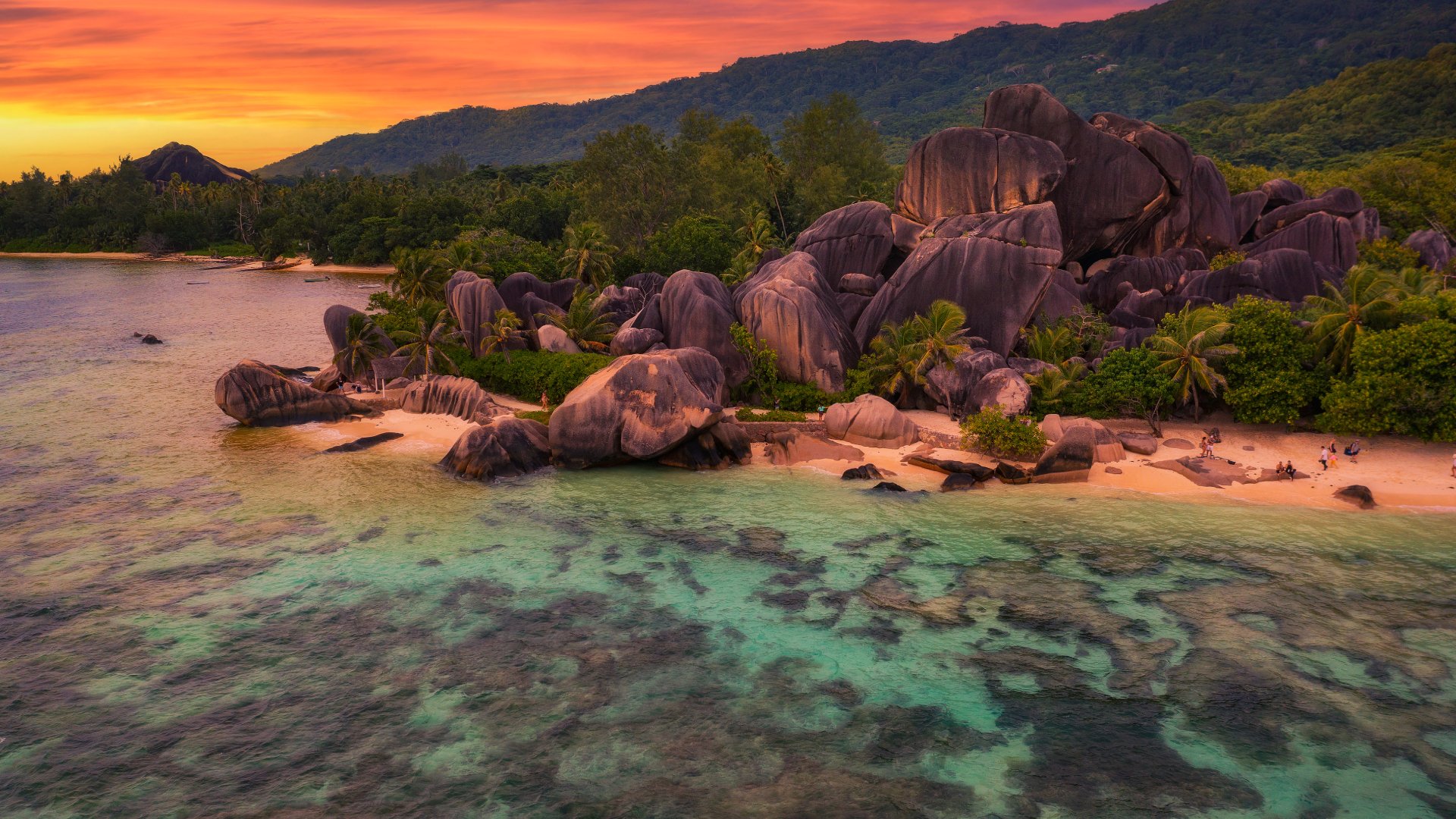 Sunset above Anse Source D'argent beach at the La Digue Island, Seychelles