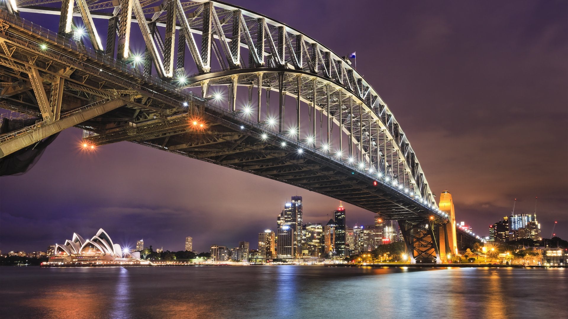 Australia Sydney Harbour Bridge at Night with Opera House in Background, Australia