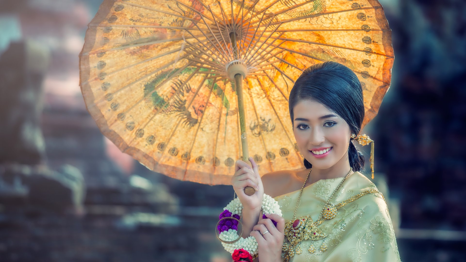 Thai Woman Wearing Typical Thai Dress at Ayutthaya Thailand