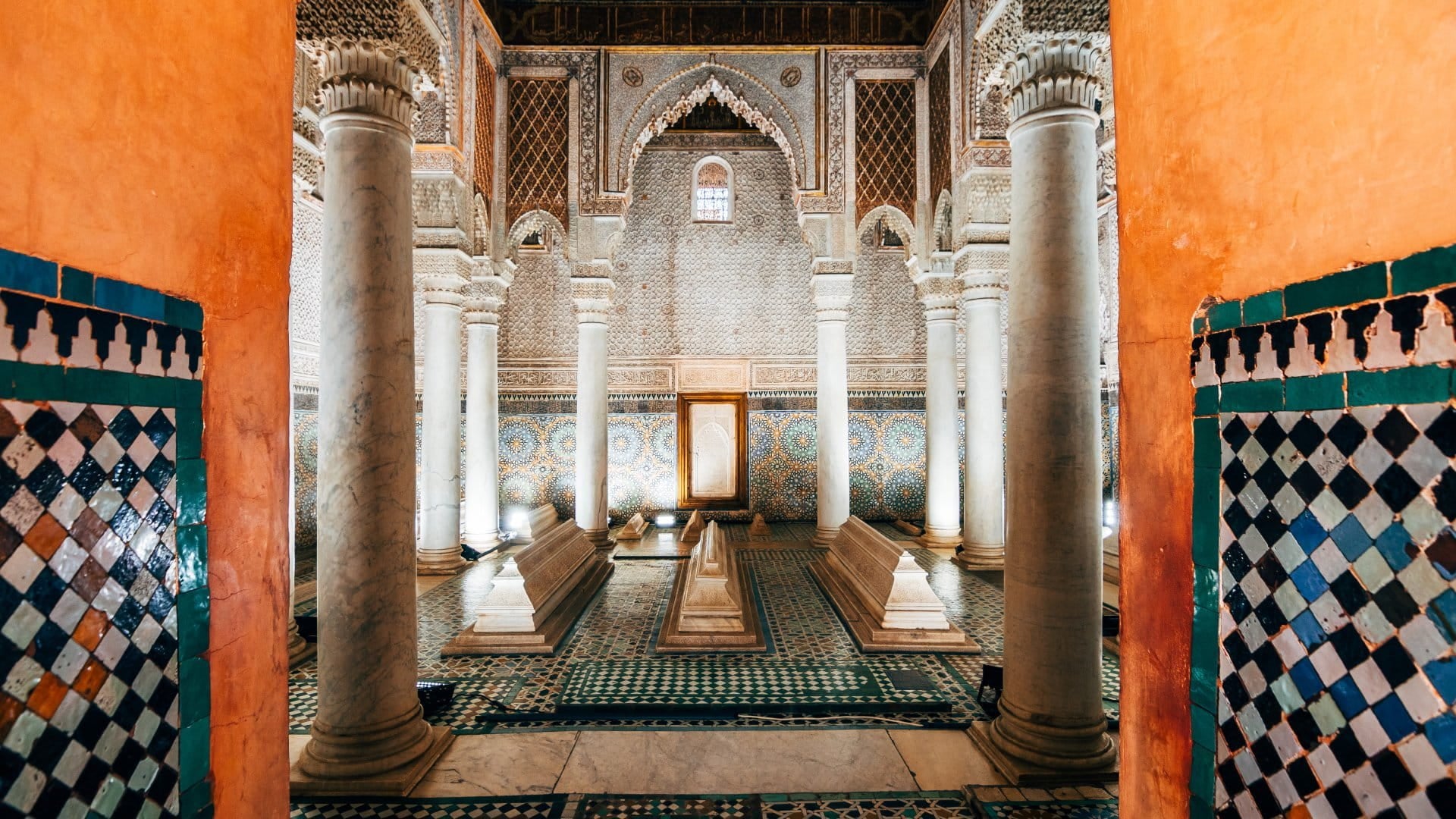 Saadian Tombs, Marrakech, Morocco The ornate pillars and tile work of the Saadian Tombs in Marrakech, Morocco.