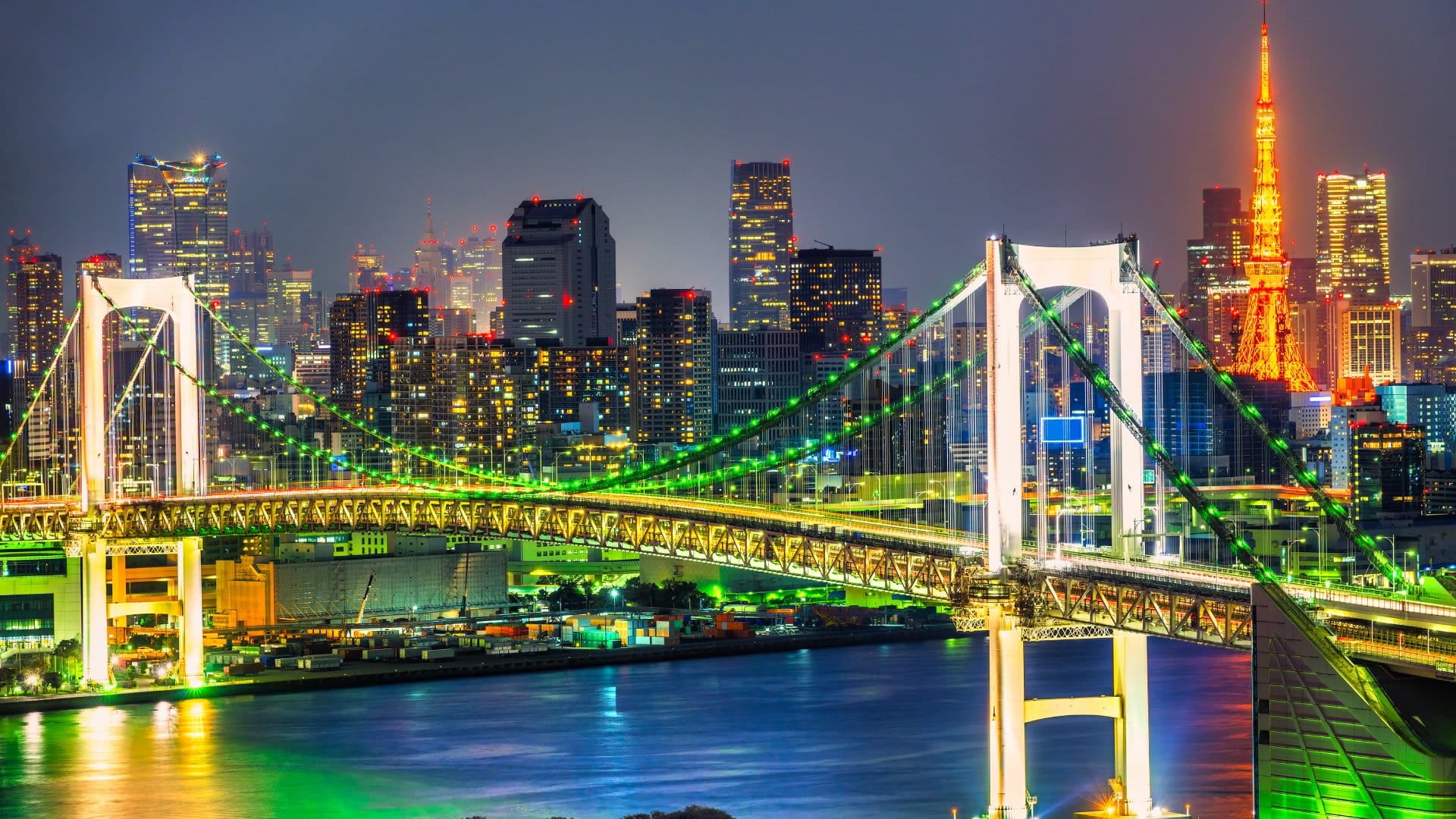 Tokyo Skyline at Night with Tokyo Tower and Rainbow Bridge, Tokyo, Japan