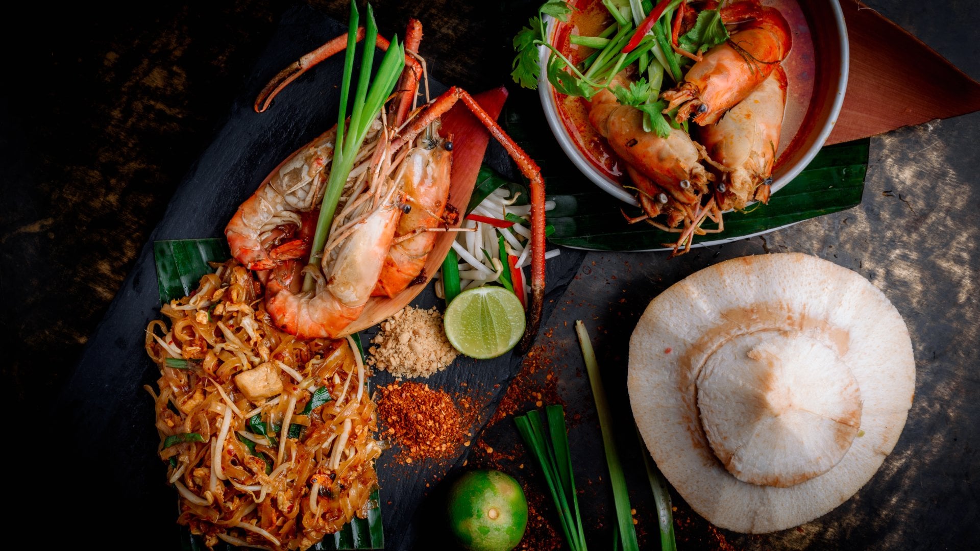 Thailand Tom Yum Kung, Phad Thai and coconut, Thailand