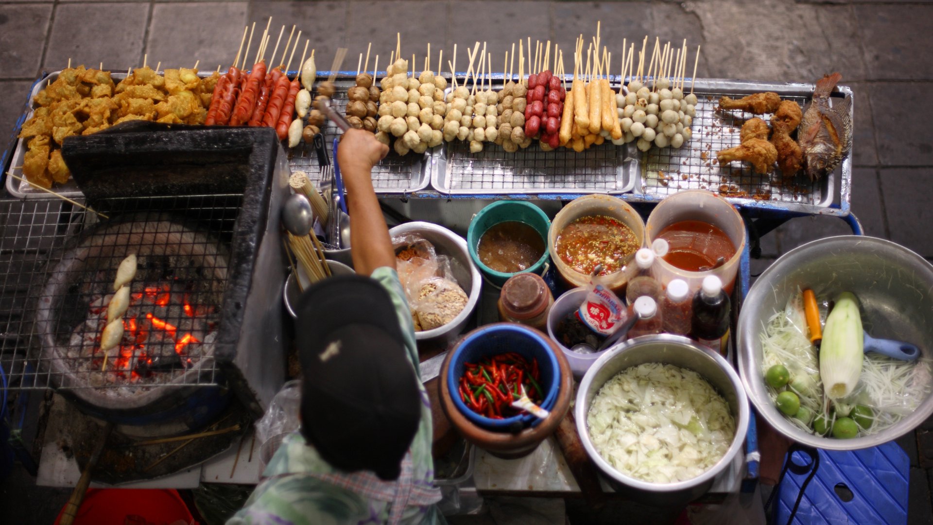Top view of a Thai street food vendor in Bangkok, Thailand