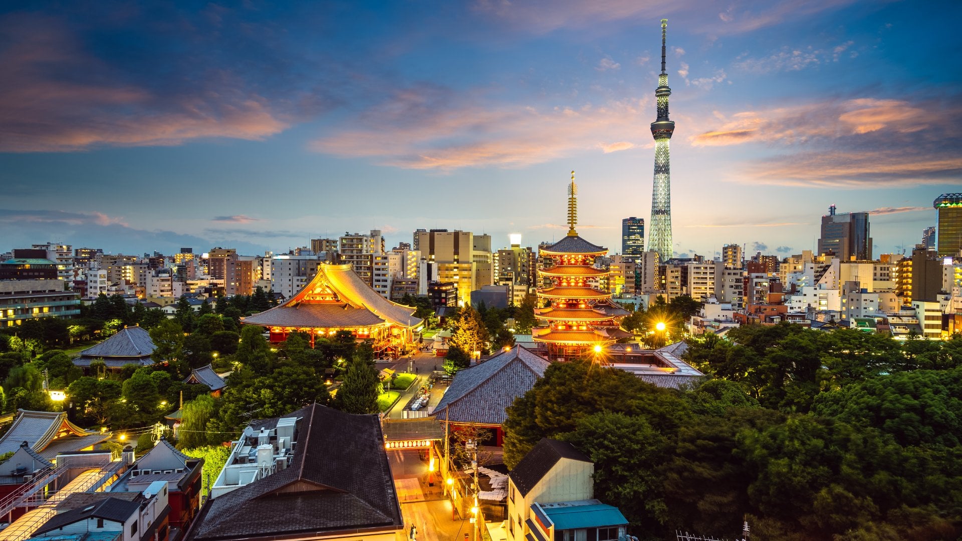 View of Tokyo skyline with Senso-ji Temple and Tokyo Skytree at twilight, Japan