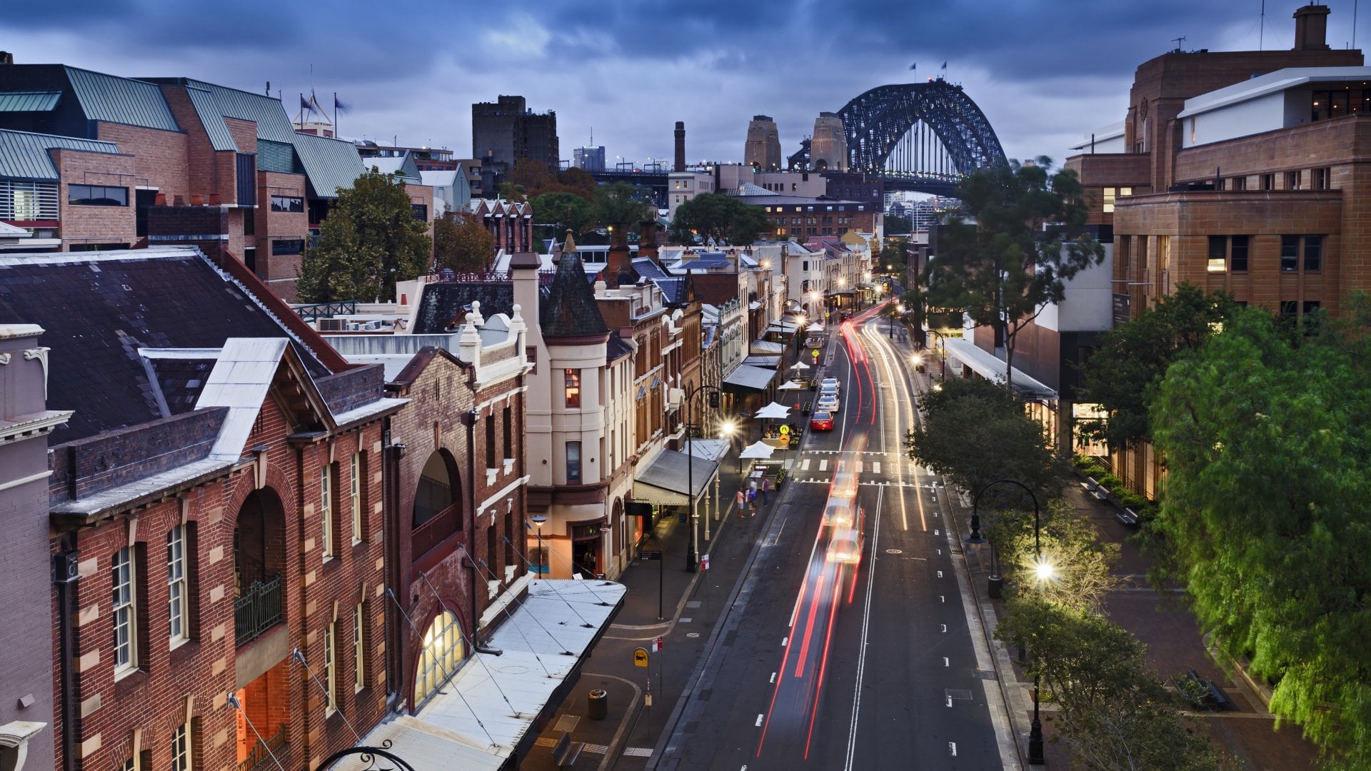 View of the Rocks District from George Street, Sydney, New South Wales, Australia