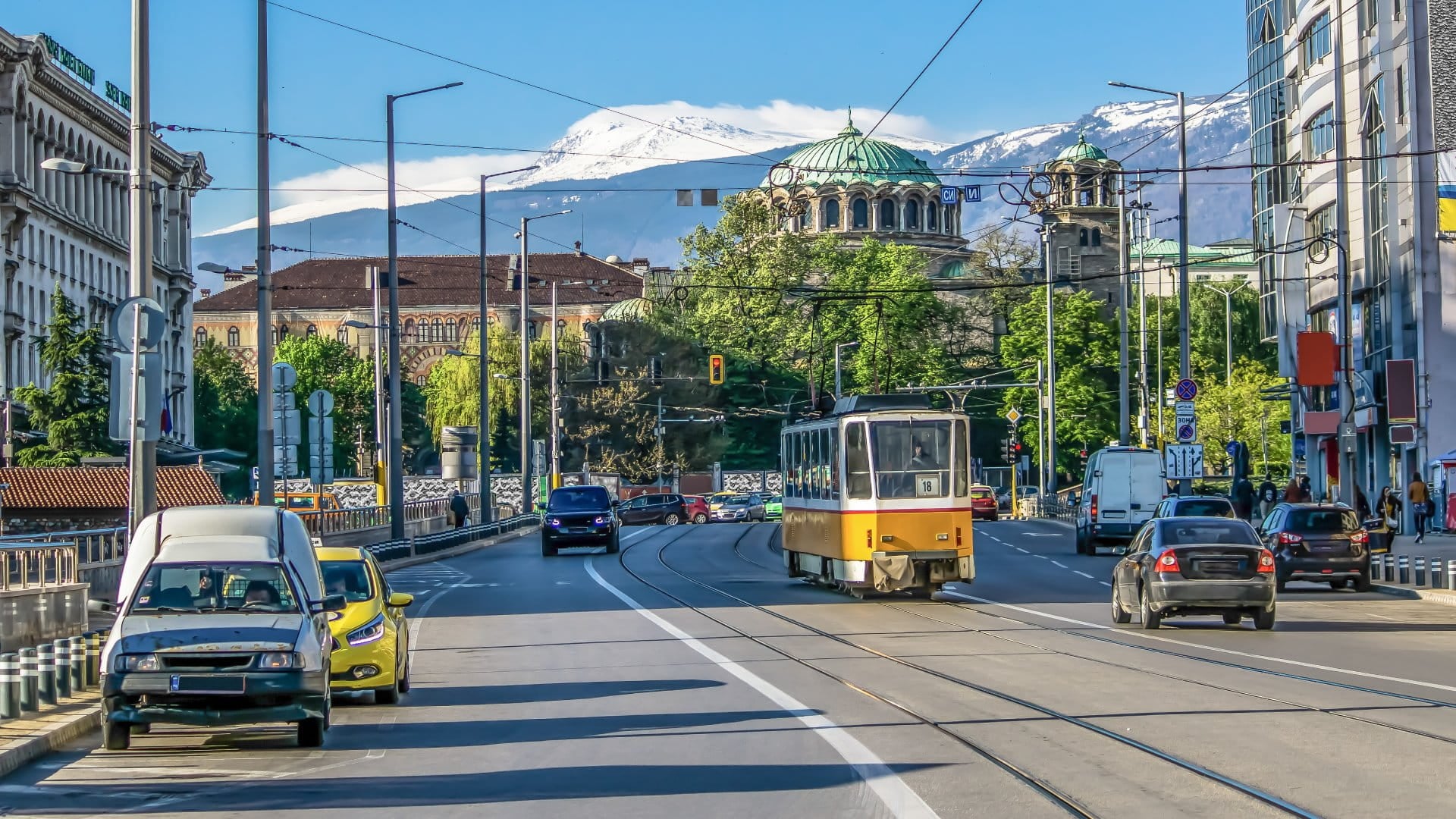 Vitosha Boulevard with Sveta Nedelya Cathedral and Vitosha Mountain in background, Sofia, Bulgaria