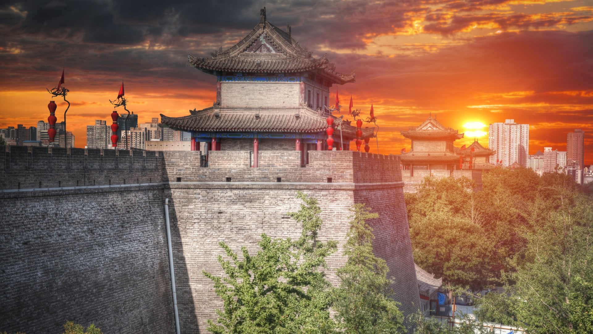 Wall around the old Chinese city of Xian, China Vacations