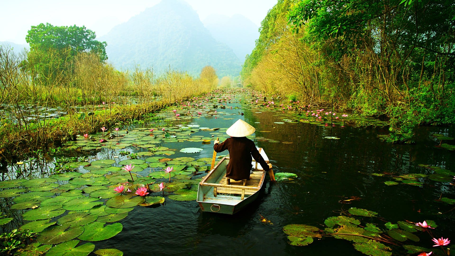 Yen stream on the way to Huong pagoda in autumn, Hanoi, Vietnam. Vietnam landscapes.