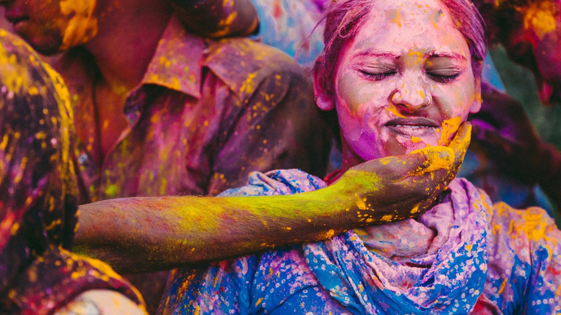 Young people celebrating Holi Day in Rajasthan, India.