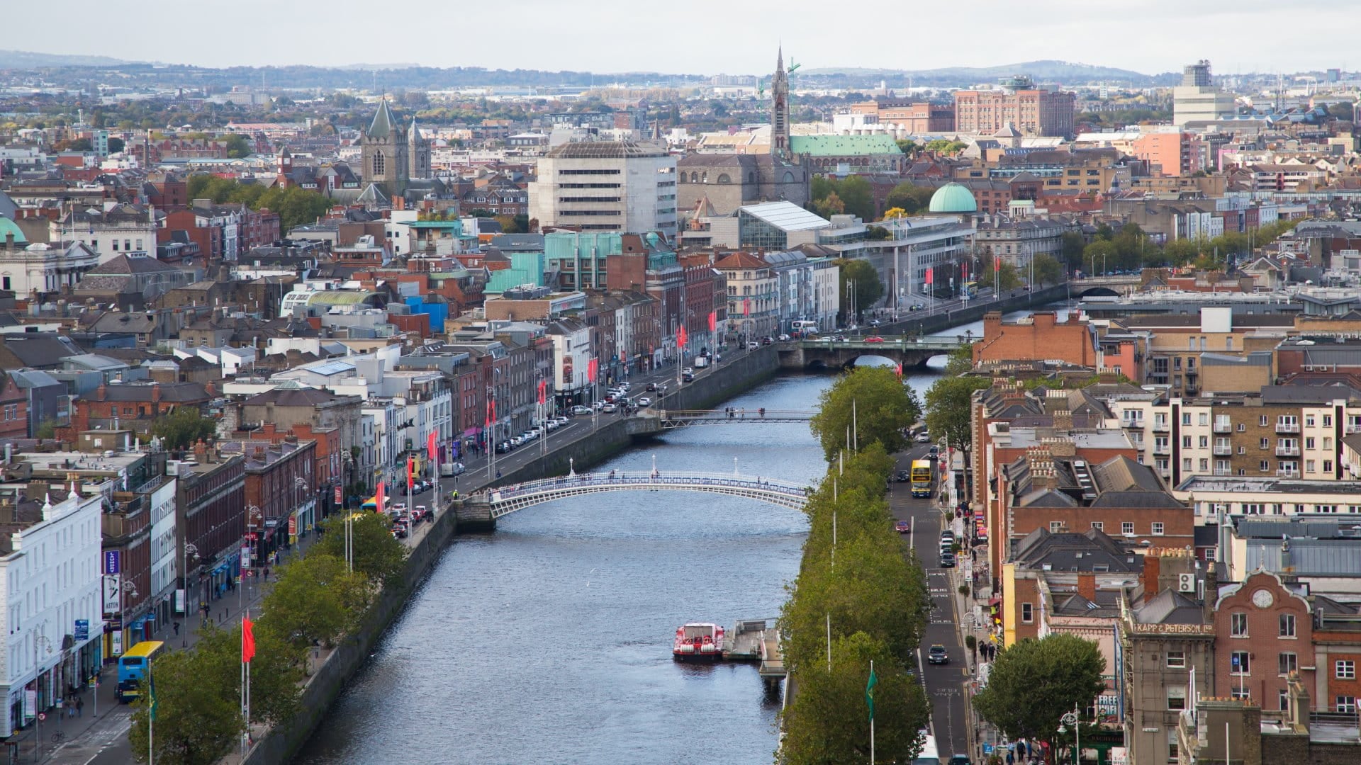 Liffey River, Dublin, Ireland aerial view of a city alongside a river with bridges and old buildings