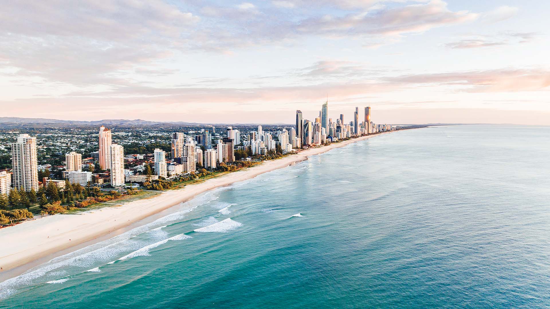The coastline of Gold Coast in Australia with skyscrapers and beaches.
