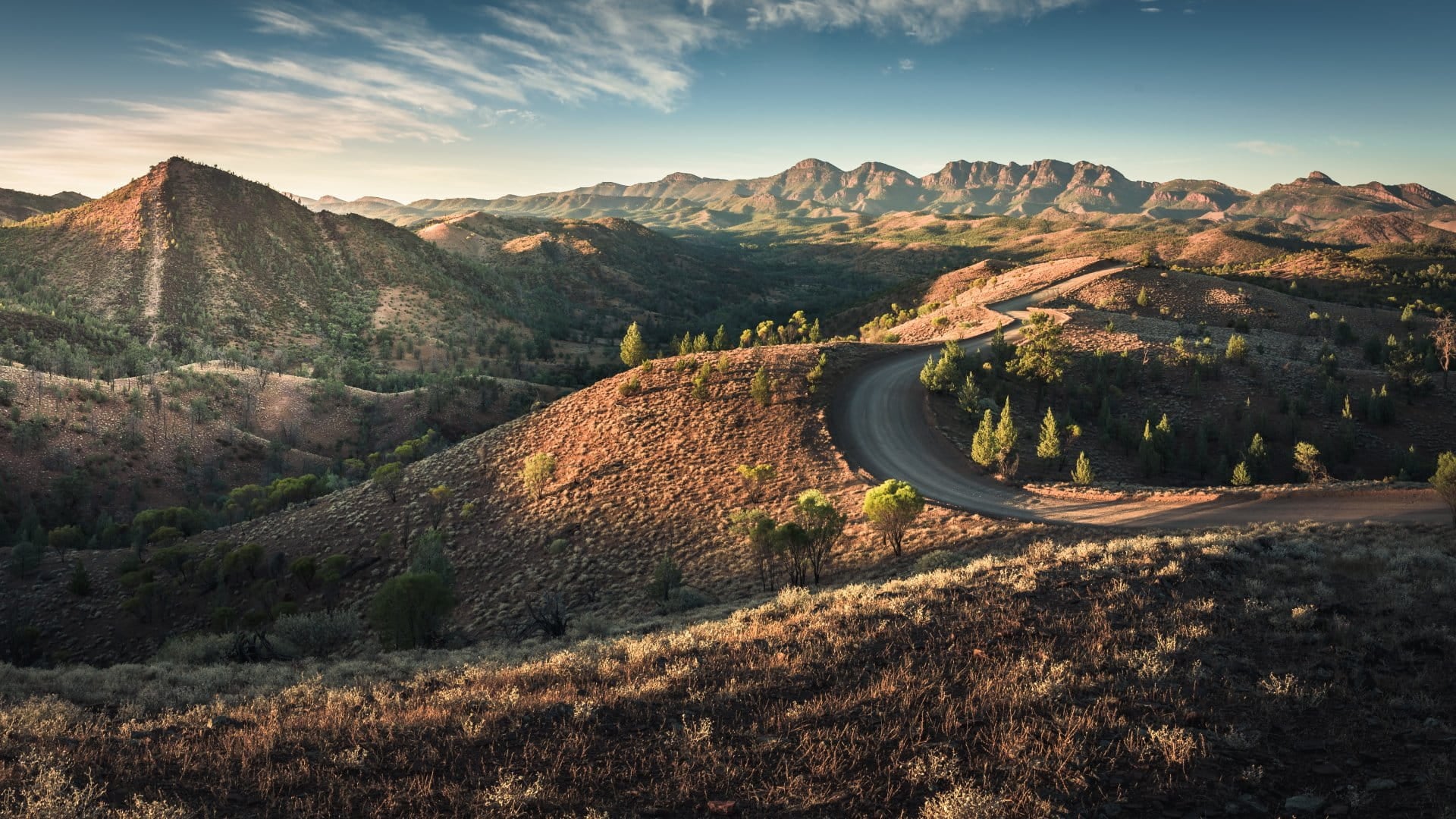 view of golden hills and a road