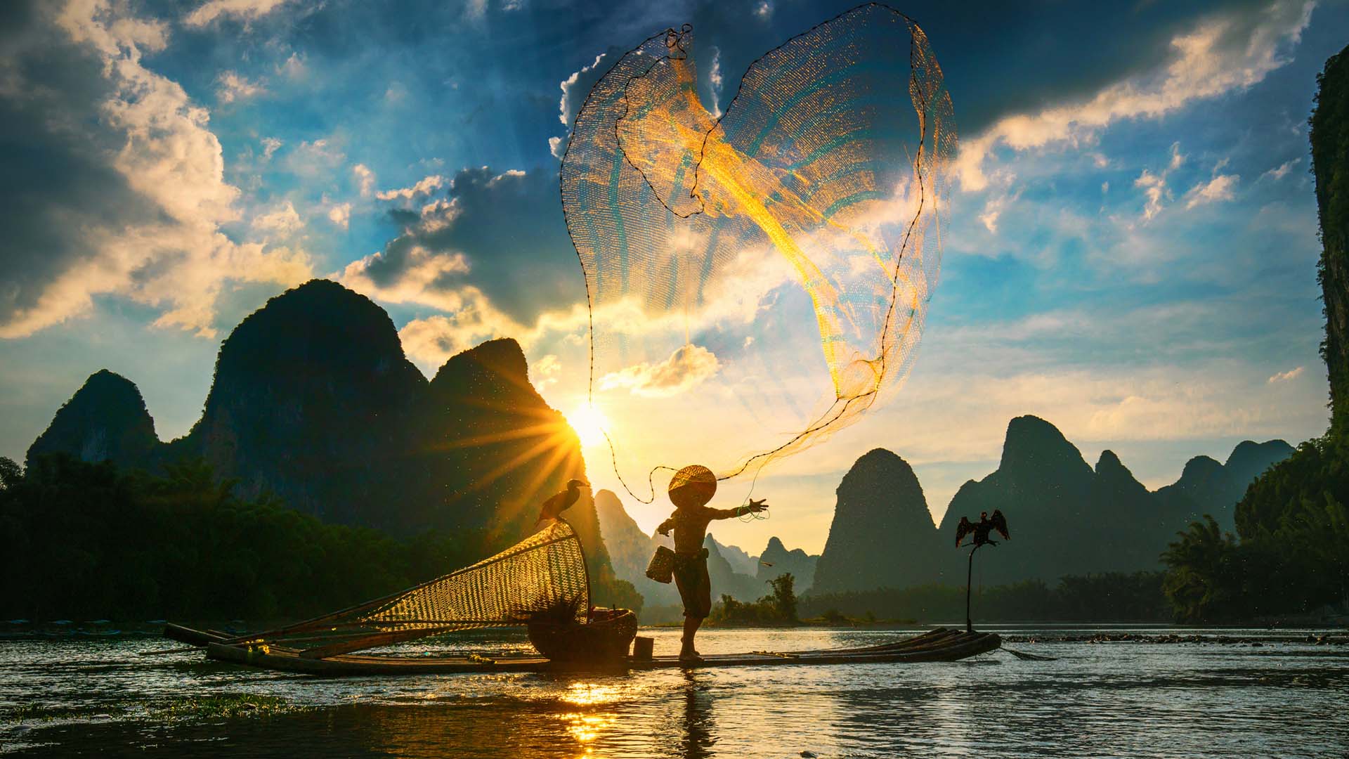 A traditional cormorant fisherman throws his net in the air at sunrise in Guilin China