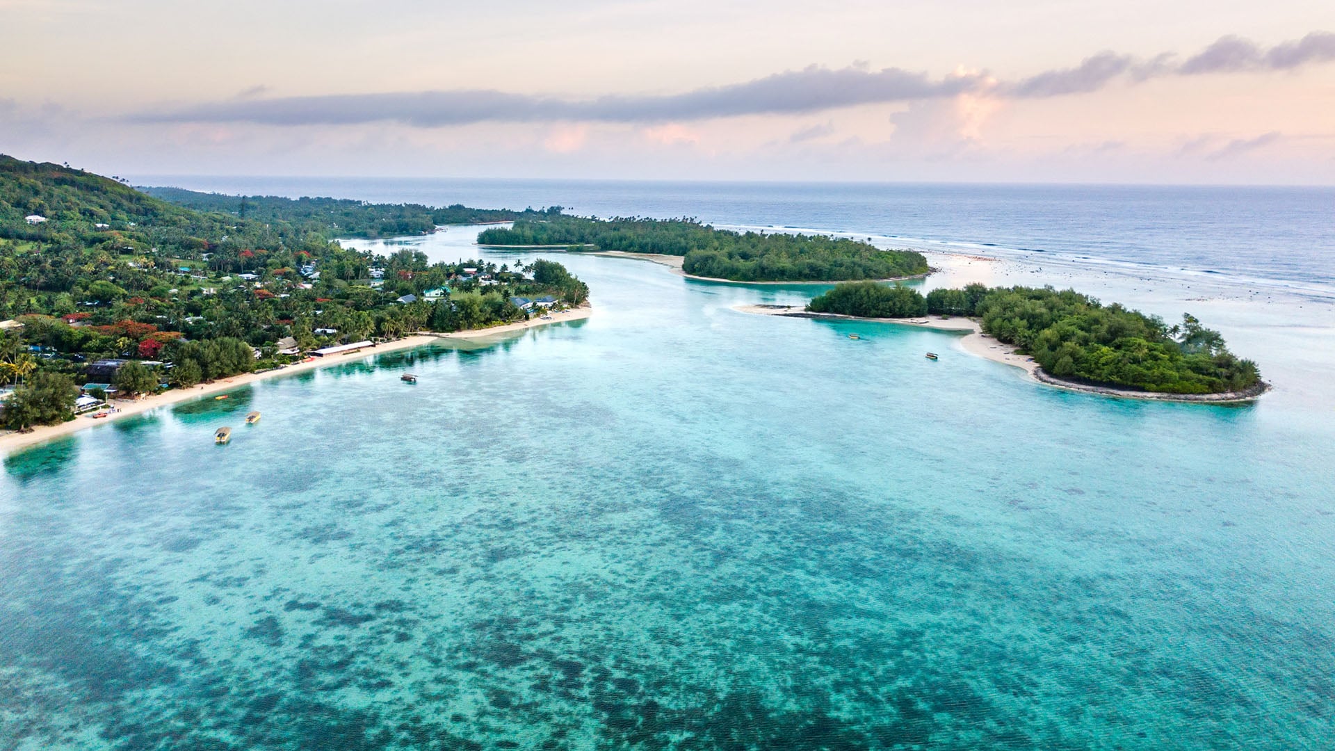An aerial view of Muri Lagoon on Rarotonga in the Cook Islands