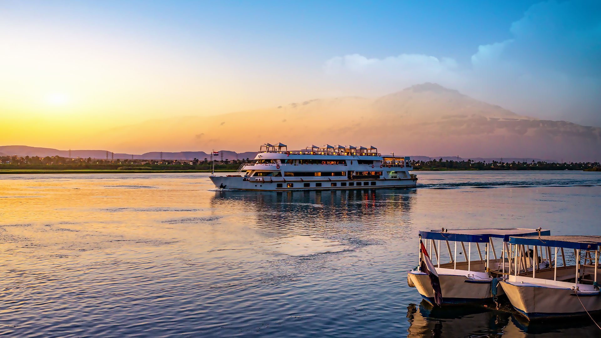 Nile River, Egypt A cruise vessel on the Nile River in Egypt just after dawn.