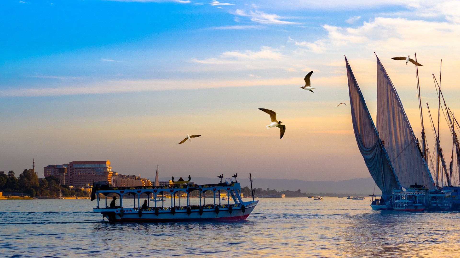 Nile River, Egypt nile river cruise vessel at sunset
