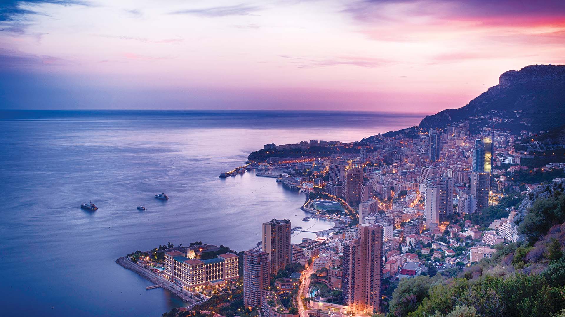 View of the coastline of Monaco at sunset
