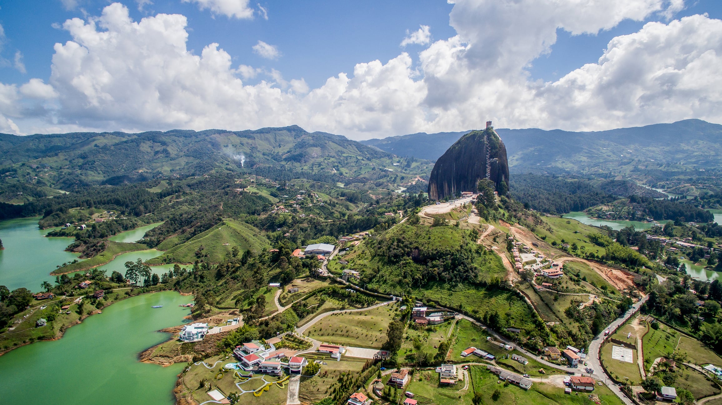 Beautiful aerial view of a natural reservoir in Guatape, Colombia.