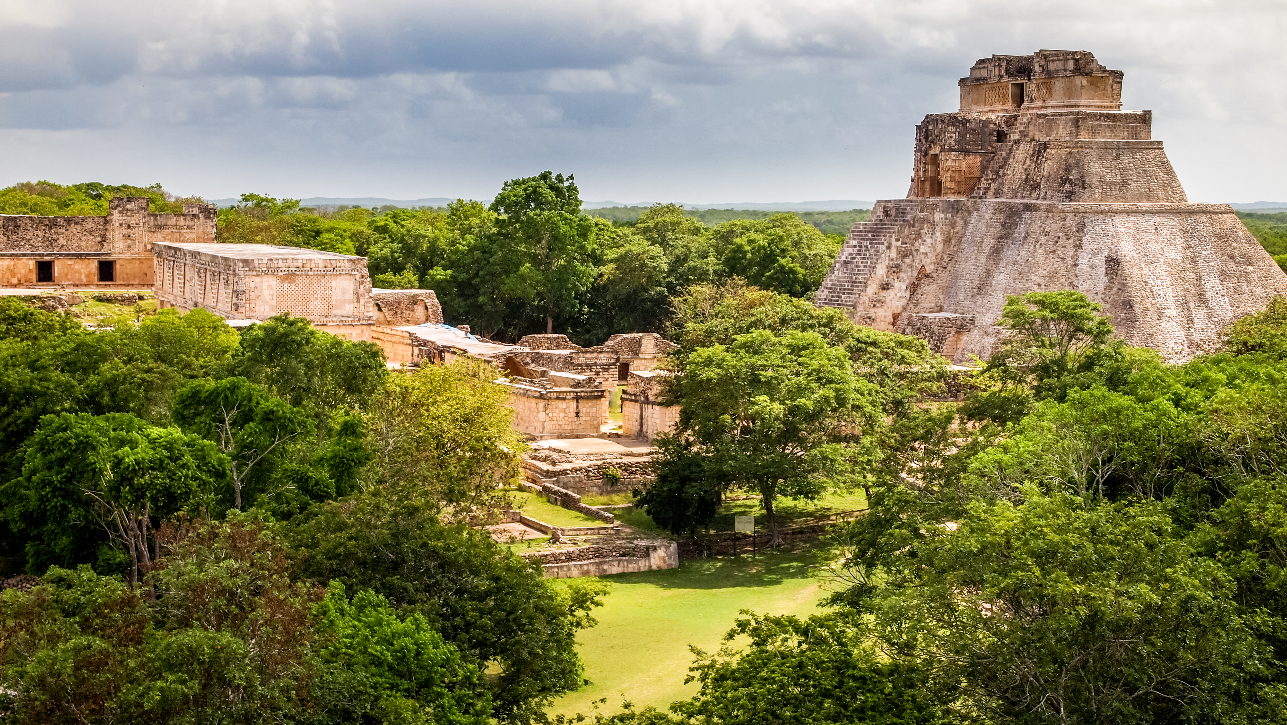 A beautiful landscape of the Pyramid of the Magician in the Mayan archeological site of Uxmal in southern Mexico