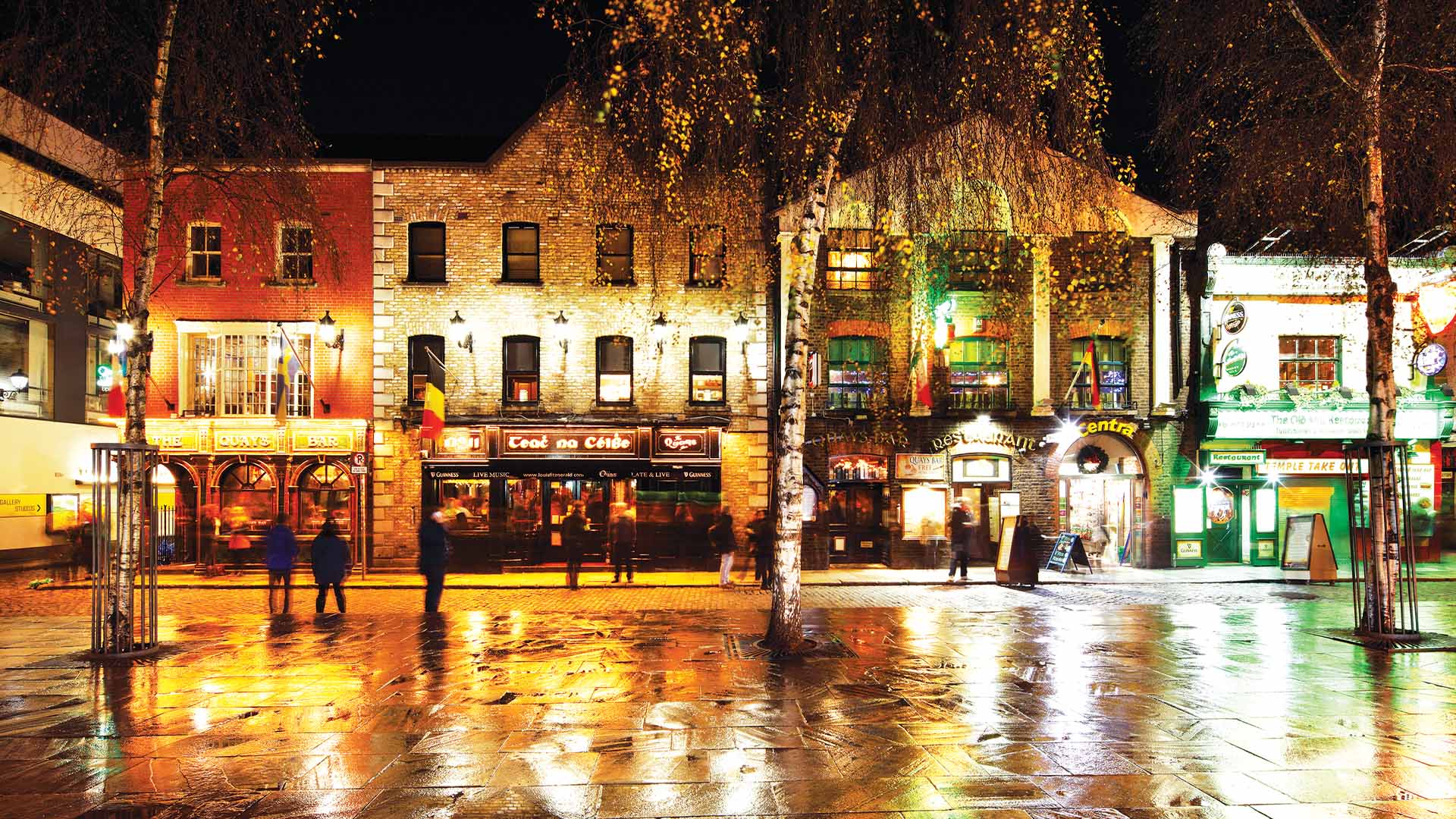 A row of pubs and restaurants in the evening in downtown Dublin, Ireland