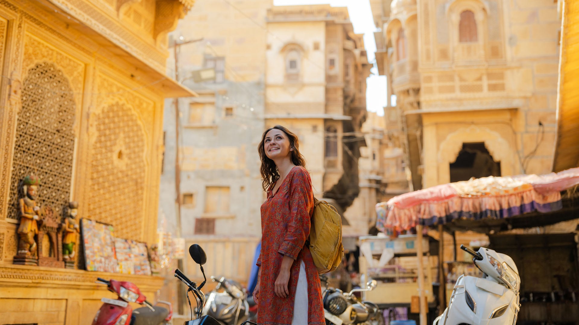 A woman walking through the streets of Jaisalmer in India