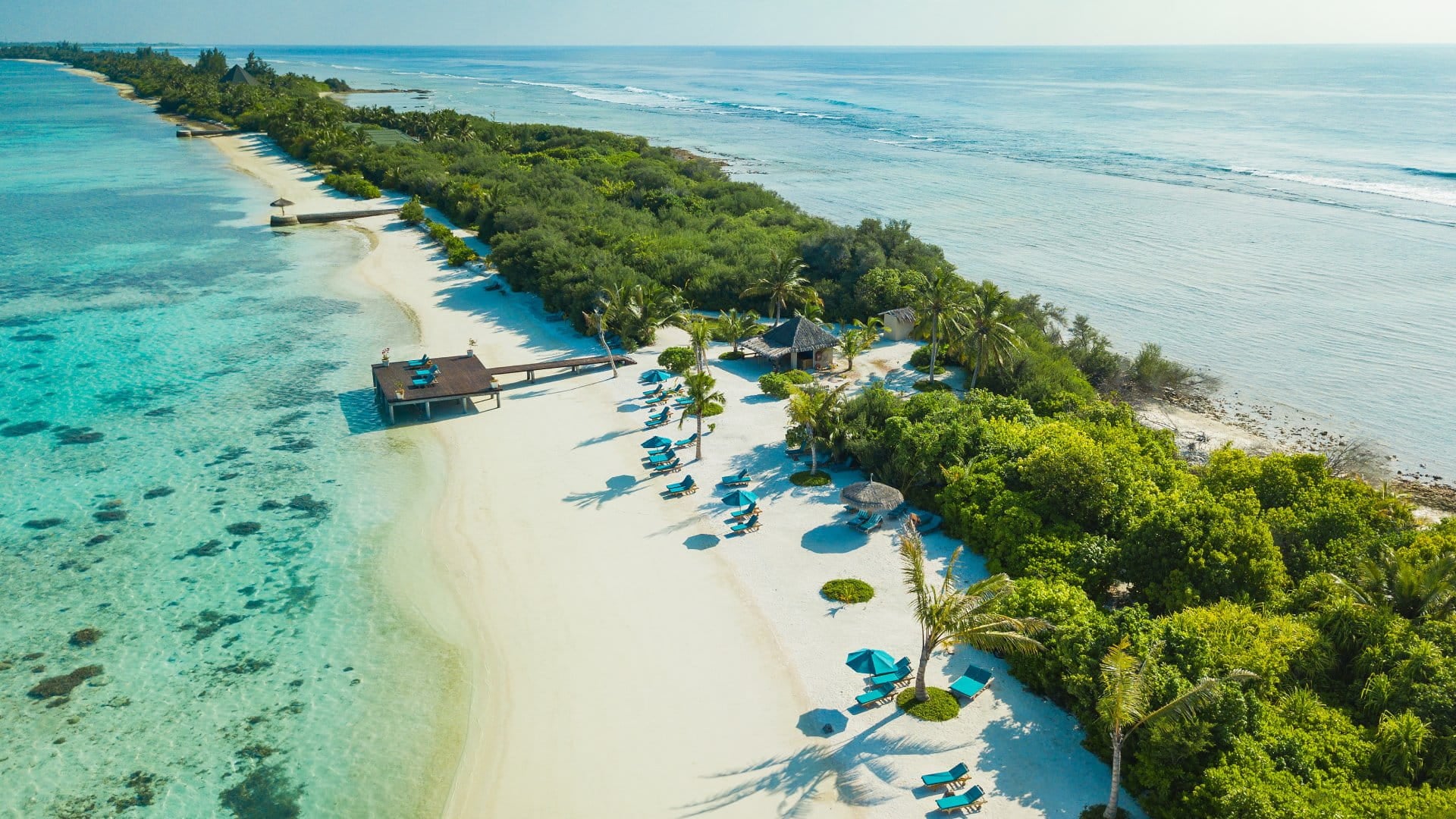 aerial view of pristine white-sand beach in the Maldives