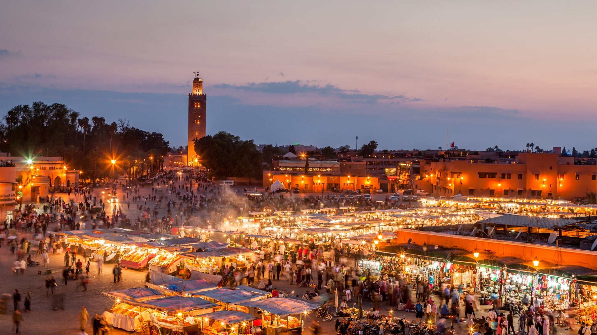 view of the market stalls of the central square in Morocco's Marrakesh