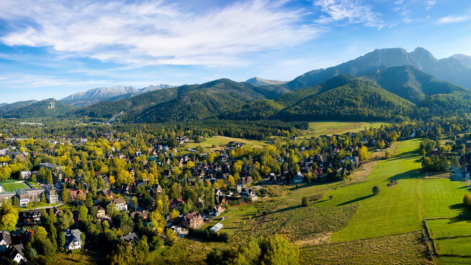 Zakopane, Poland An aerial view of the town of Zakopane, surrounded by the Tatra Mountains in Poland.