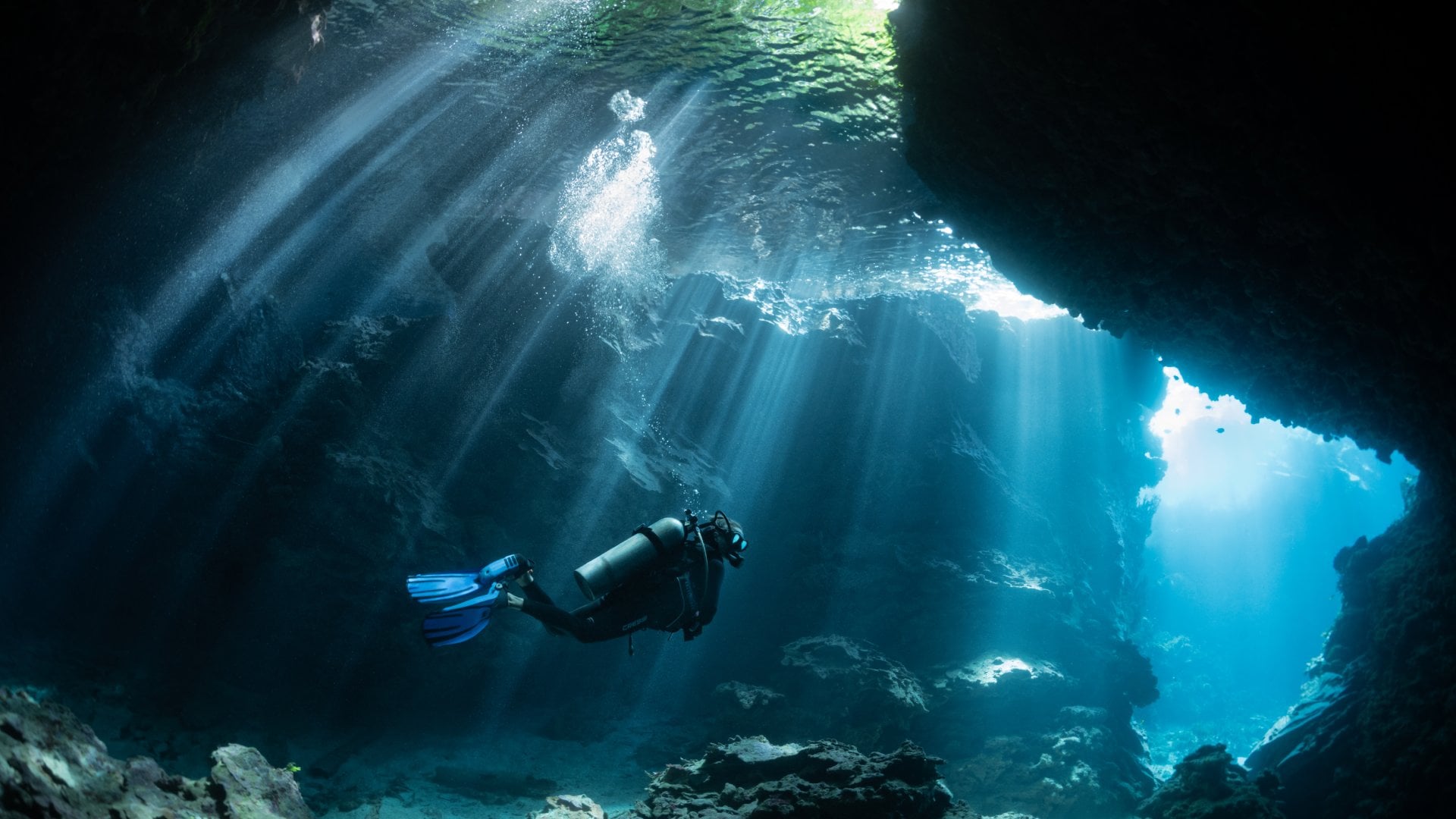 South Pacific a man scuba dives in the deep waters of the South Pacific with some light breaking through the surface