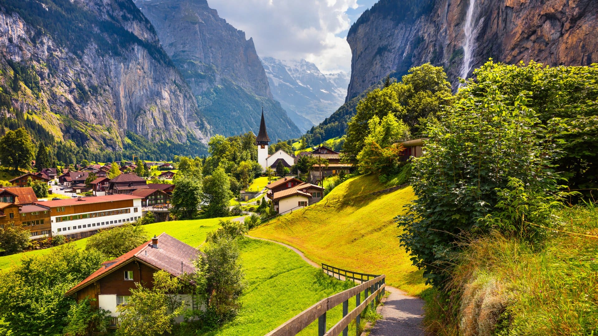 The town of Lauterbrunnen in Switzerland in the height of summer.