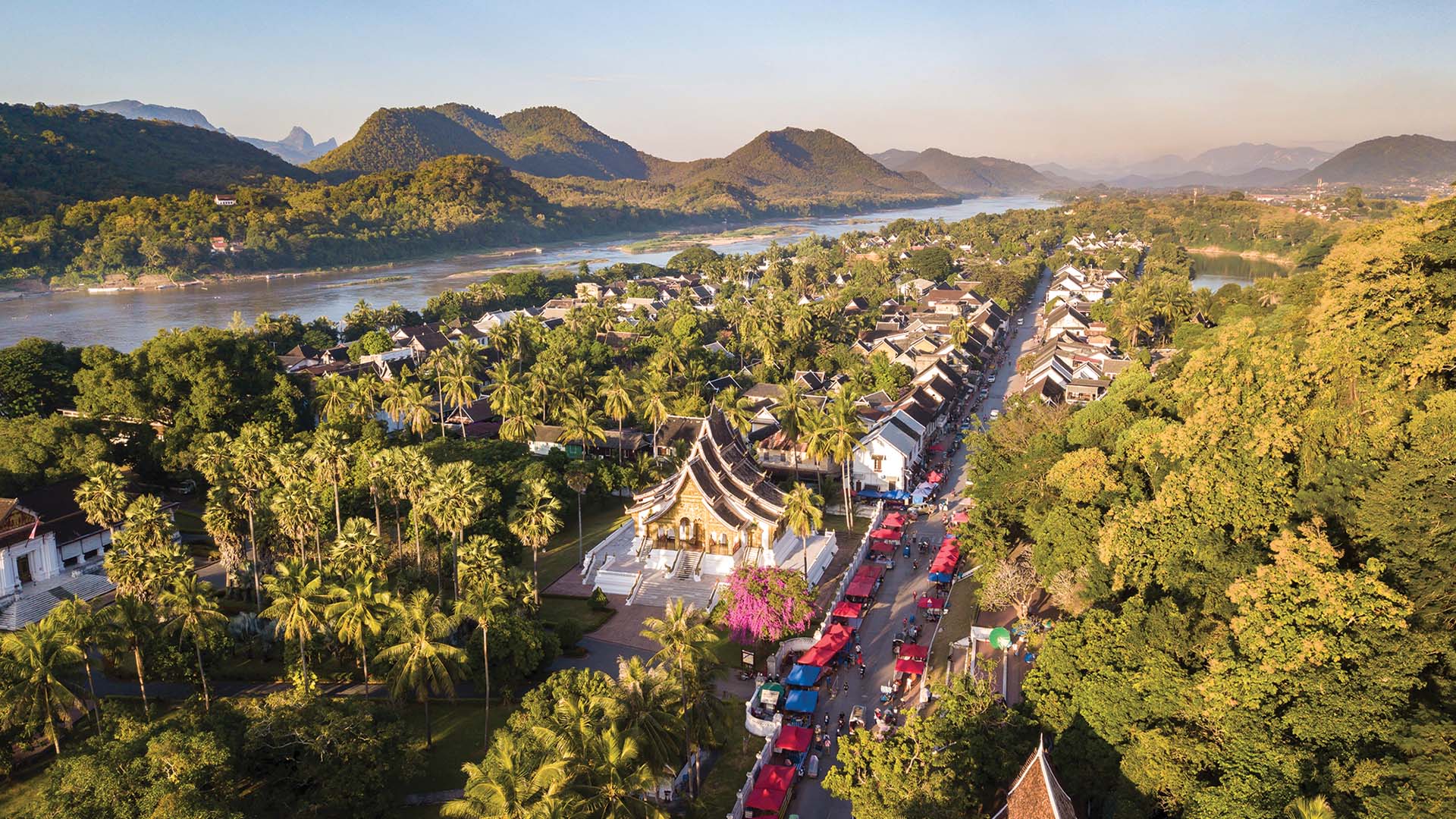 Aerial view of temples of Luang Prabang in Laos.