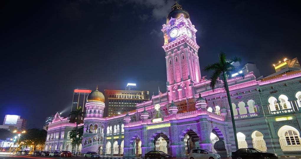 Colorful city night with famous landmark Sultan Abdul Samad Building Colorful city night with famous landmark Sultan Abdul Samad Building