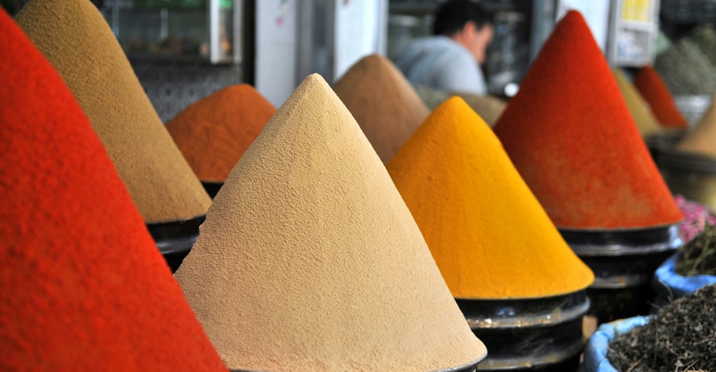 Colourful spices at a market in Marrakesh