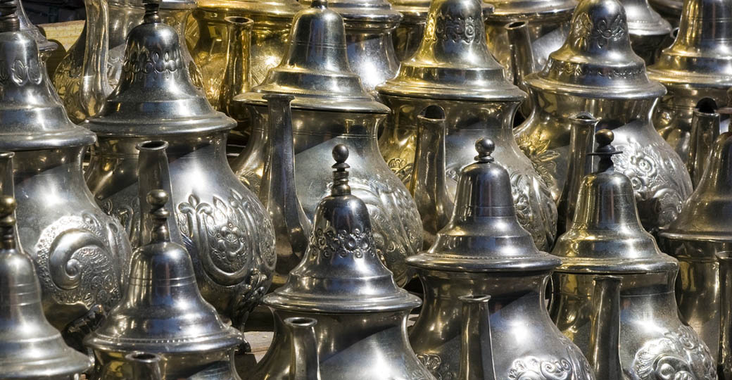 Traditional silver teapots make for an interesting photo opportunity on Morocco vacations.