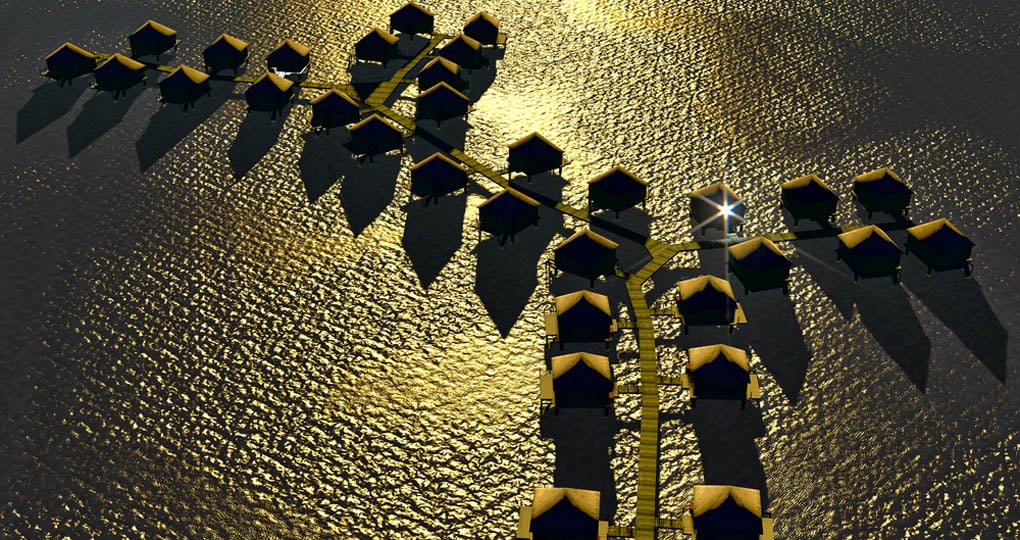 Overhead shot of a resort in Bora Bora at sunset
